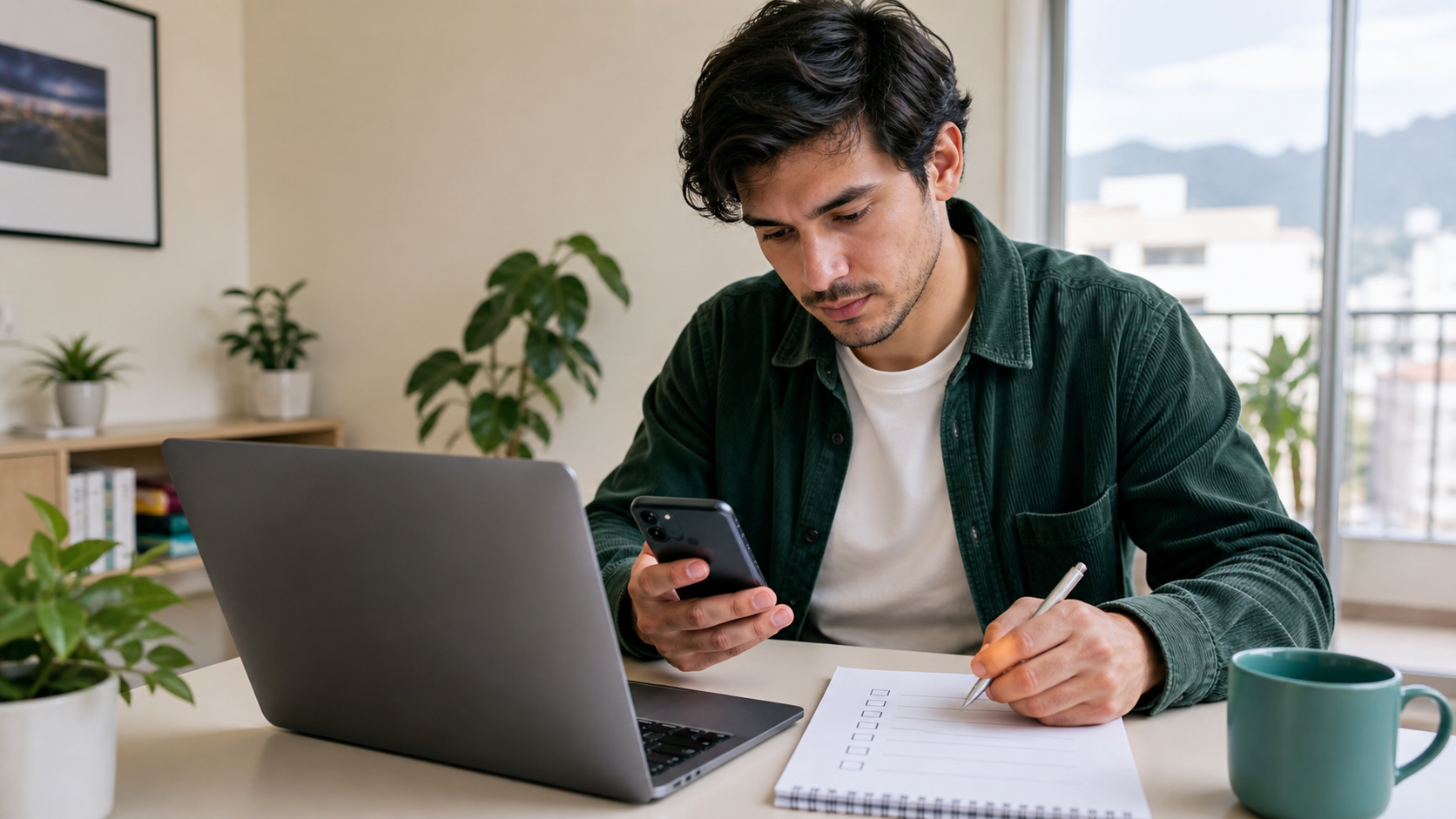 Persona revisando una oferta laboral y una checklist antes de postular en Santiago