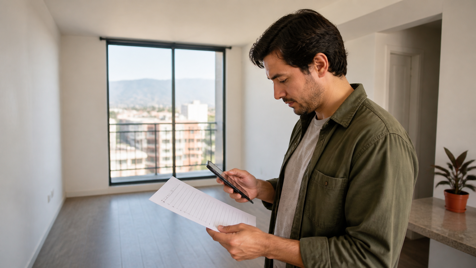 Persona revisando un aviso de arriendo y una checklist durante una visita a un departamento en Santiago